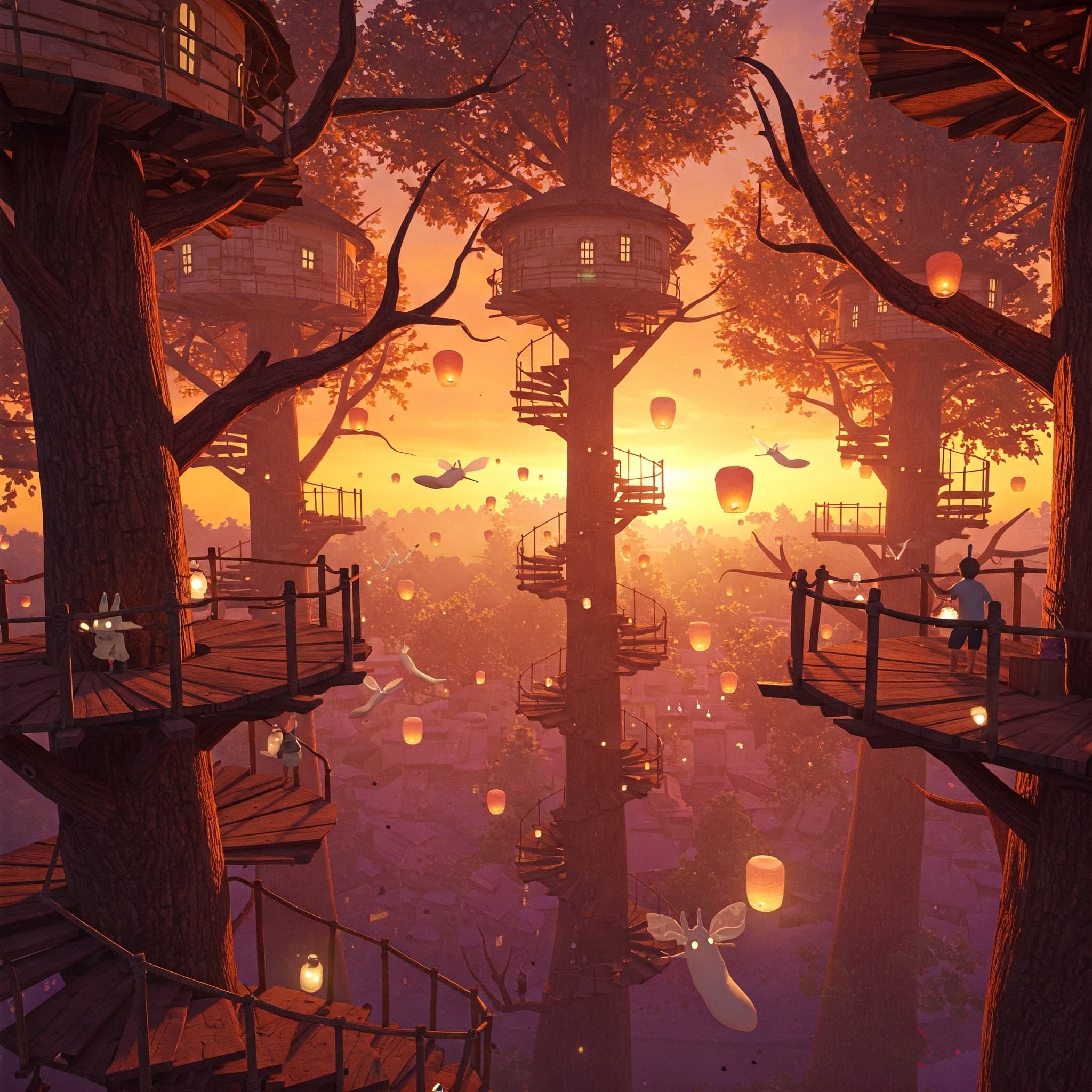 Studio Ghibli AI generated artwork: A crystal-clear lake reflecting the magical sky and floating lanterns