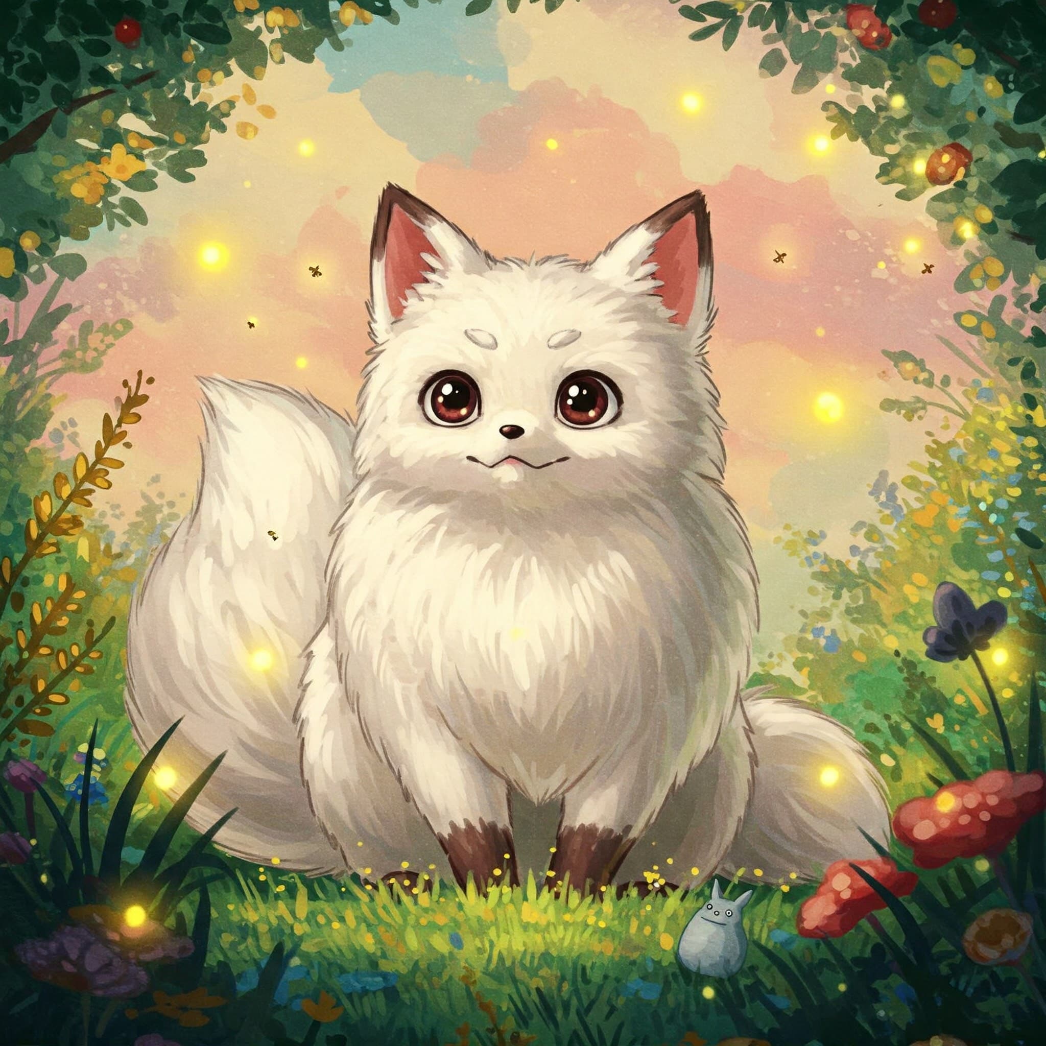 Studio Ghibli AI generated artwork: A whimsical tea house floating among pastel clouds with rainbow bridges