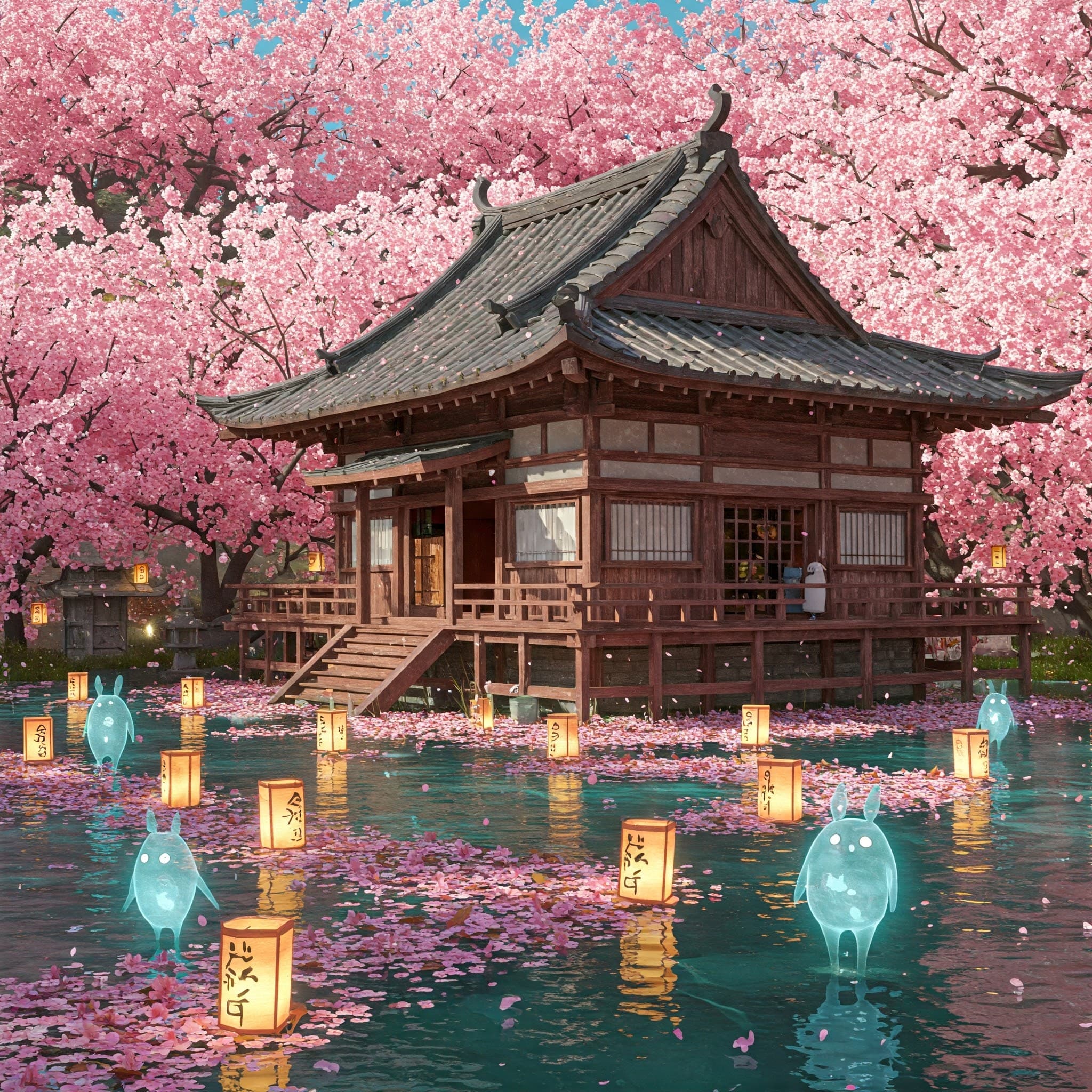 Studio Ghibli AI generated artwork: A hidden valley with ancient spirits and blooming cherry blossoms